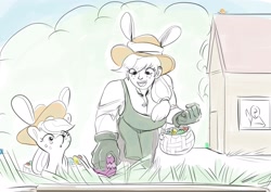 Size: 2399x1695 | Tagged: safe, artist:applephil, derpibooru import, applejack, oc, oc:anon, earth pony, human, pony, basket, bunny ears, clothes, easter, easter egg, female, freckles, gloves, grass, holiday, human ponidox, limited palette, mare, self paradox, self ponidox