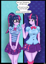 Size: 1280x1761 | Tagged: safe, artist:lennondash, derpibooru import, sci-twi, twilight sparkle, equestria girls, bowtie, breasts, busty sci-twi, clothes, duo, duo female, female, geode of telekinesis, glasses, grin, headlight sparkle, leg warmers, lidded eyes, looking at each other, looking at someone, magical geodes, ponytail, self paradox, skirt, smiling, speech bubble, thumbs up, twolight