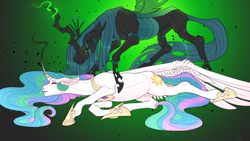 Size: 1920x1080 | Tagged: safe, artist:snowberry, derpibooru import, princess celestia, queen chrysalis, alicorn, changeling, changeling queen, pony, canterlot wedding 10th anniversary, a canterlot wedding, abstract background, crown, curved horn, duo, ears, ethereal mane, eyes closed, female, floppy ears, glowing, glowing eyes, glowing horn, horn, jewelry, looking at you, lying down, magic, mare, on side, open mouth, prone, realistic horse legs, regalia, smiling, smoke, spread wings, unconscious, victorious villain, wings