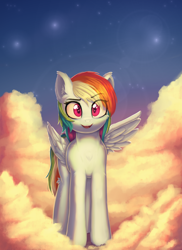 Size: 1688x2320 | Tagged: safe, artist:alexander56910, derpibooru import, rainbow dash, pegasus, pony, cloud, ear fluff, ears, female, happy, mare, on a cloud, open mouth, raised eyebrow, sky, solo, spread wings, sunset, wings