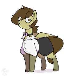 Size: 1968x1968 | Tagged: safe, artist:biepbot, derpibooru import, oc, oc only, oc:static spark, pegasus, pony, bowtie, chibi, clothes, dress shirt, female, looking at you, pegasus oc, secretary, shirt, simple background, skirt, solo, stockings, thigh highs, white background