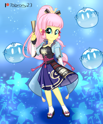 Size: 1691x2027 | Tagged: safe, artist:tabrony23, derpibooru import, fluttershy, equestria girls, beautiful, breasts, clothes, cosplay, costume, crossover, cute, dress, female, genshin impact, gloves, grin, hootershy, kamisato ayaka, looking at you, patreon, patreon logo, pigtails, sandals, shoes, show accurate, shyabetes, signature, slimes (genshin impact), smiling, smiling at you, solo, video game crossover