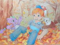 Size: 1067x800 | Tagged: safe, artist:daintysweetheart, derpibooru import, danny williams, spike (g1), bird, dragon, eagle, human, g1, autumn, commission, leaves, traditional art, trio, weston