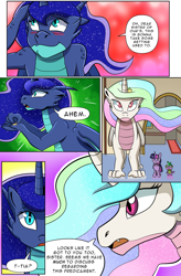 Size: 1800x2740 | Tagged: safe, artist:candyclumsy, derpibooru import, princess celestia, princess luna, spike, twilight sparkle, twilight sparkle (alicorn), alicorn, dragon, pony, comic:luna's cronenberg, accident, alicorn princess, blushing, book, canterlot, canterlot castle, claws, comic, commissioner:bigonionbean, crown, cutie mark, dragoness, dragonified, dragonlestia, dresser, embarrassed, ethereal mane, female, furniture, horn, jewelry, lunadragon, magic, mare, monochrome, regalia, scales, shocked, species swap, surprised, tail, tail whip, talking to herself, wings, writer:bigonionbean