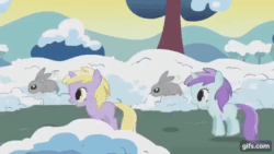 Size: 640x360 | Tagged: safe, derpibooru import, screencap, dinky hooves, liza doolots, petunia, tootsie flute, pony, rabbit, unicorn, season 1, winter wrap up, animal, animated, clothes, duo, eyes closed, female, filly, foal, gif, gifs.com, jumping, open clothes, snow, tree