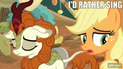 Size: 640x360 | Tagged: safe, derpibooru import, edit, edited screencap, screencap, applejack, autumn blaze, butterfly, earth pony, kirin, pony, season 8, sounds of silence, animated, applejack's hat, awwtumn blaze, bipedal, clothes, cowboy hat, cute, duo, eyes closed, female, gif, gifs.com, hat, impact font, mare, nose in the air, open mouth, open smile, smiling, text, uvula, volumetric mouth