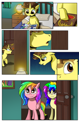 Size: 1800x2740 | Tagged: safe, artist:candyclumsy, derpibooru import, oc, oc:candy clumsy, oc:rainbow tashie, oc:tommy the human, alicorn, earth pony, pegasus, pony, comic:luna's cronenberg, bedroom, book, boop, canterlot, canterlot castle, child, colt, comic, commissioner:bigonionbean, cutie mark, door, dresser, earth pony oc, female, foal, furniture, horn, lamp, male, mare, monochrome, pegasus oc, picture, picture frame, reading, surprised, wings, writer:bigonionbean