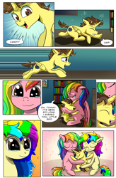 Size: 1800x2740 | Tagged: safe, artist:candyclumsy, derpibooru import, oc, oc:candy clumsy, oc:rainbow tashie, oc:tommy the human, alicorn, earth pony, pegasus, pony, comic:luna's cronenberg, bedroom, book, boop, canterlot, canterlot castle, child, colt, comic, commissioner:bigonionbean, crying, cutie mark, door, dresser, earth pony oc, female, foal, furniture, galloping, group hug, horn, hug, hugging a pony, kissing, lamp, male, mare, monochrome, pegasus oc, picture, picture frame, reading, reunion, surprised, tears of joy, teary eyes, wings, writer:bigonionbean
