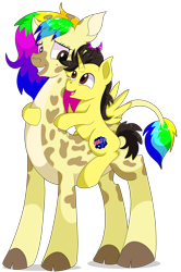 Size: 5700x8600 | Tagged: safe, artist:rainbowtashie, derpibooru import, oc, oc only, oc:rainbow tashie, oc:tommy the human, alicorn, giraffe, insect, absurd resolution, alicorn oc, child, colt, commissioner:bigonionbean, cutie mark, duo, duo male and female, female, foal, giraffied, happy, horn, looking at someone, male, mare, missing cutie mark, open mouth, riding, shadow, simple background, sitting, species swap, transparent background, wings, writer:bigonionbean