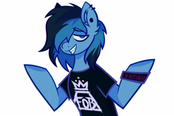 Size: 4134x2756 | Tagged: safe, derpibooru import, oc, oc:max crow, earth pony, pony, bracelet, clothes, ear piercing, emo, eyeliner, fall out boy, jewelry, makeup, male, piercing, shirt, simple background, smiling, solo, teenager, two toned mane, white background