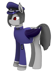 Size: 1020x1368 | Tagged: safe, artist:puginpocket, derpibooru exclusive, derpibooru import, oc, oc only, bat pony, pony, equestria at war mod, bat pony oc, clothes, female, folded wings, gray coat, grey hair, mare, military uniform, red eyes, simple background, solo, transparent background, uniform, wings