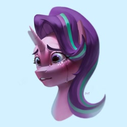 Size: 3000x3000 | Tagged: safe, artist:annna markarova, derpibooru import, starlight glimmer, pony, unicorn, bust, crying, eyebrows, light blue background, portrait, sequins, simple background, solo, tears of pain, teary eyes