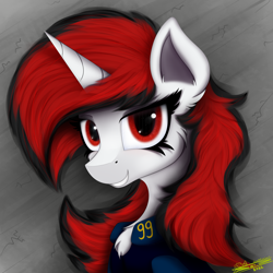 Size: 4000x4000 | Tagged: safe, artist:ser-p, derpibooru import, oc, oc:blackjack, pony, unicorn, fallout equestria, fallout equestria: project horizons, absurd resolution, big mane, bust, chest fluff, clothes, ear fluff, ears, eyelashes, female, horn, jumpsuit, looking at you, mare, portrait, red and black mane, red eyes, smiling, smiling at you, solo, unicorn oc, vault suit, white coat