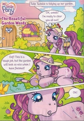 Size: 1280x1843 | Tagged: safe, artist:heckyeahponyscans, derpibooru import, g3, bow, flower, garden, gardening, hat, house, official, official comic, the beautiful garden weeds, tulip twinkle, weeds