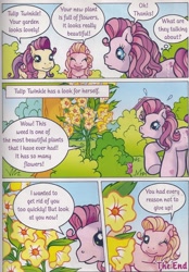 Size: 1280x1834 | Tagged: safe, artist:heckyeahponyscans, derpibooru import, cupcake (g3), g3, bow, flower bush, garden, hair bow, official, official comic, one eye closed, royal bouquet, surprised, the beautiful garden weeds, tulip twinkle, weeds, wink