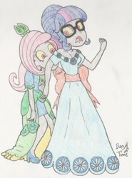 Size: 1036x1400 | Tagged: safe, artist:bageloftime, derpibooru import, fluttershy, sci-twi, twilight sparkle, twilight sparkle (alicorn), alicorn, human, undead, zombie, equestria girls, biting, clothes, dress, gala dress, gown, humanized, long dress, long skirt, skirt