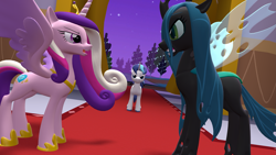 Size: 3413x1920 | Tagged: safe, artist:westrail642fan, derpibooru import, princess cadance, queen chrysalis, shining armor, alicorn, changeling, unicorn, canterlot wedding 10th anniversary, 3d, canterlot castle, source filmmaker