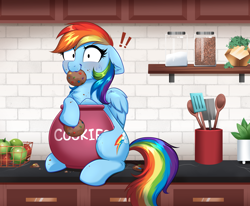Size: 4000x3298 | Tagged: safe, artist:confetticakez, derpibooru import, rainbow dash, pegasus, pony, !!!, apple, blushing, caught, chest fluff, cookie, cookie jar, cookie thief, cute, dashabetes, ears, eating, exclamation point, featured image, female, floppy ears, food, hoof hold, jar, kitchen, mare, mouth hold, sitting, solo, spatula, spoon