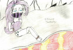 Size: 1280x885 | Tagged: safe, artist:bluesplendont, derpibooru import, rarity, equestria girls, arm behind back, bondage, bound and gagged, cloth gag, gag, help, help me, lava, peril, scared, solo, tied up, traditional art, volcano, worried