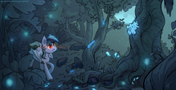 Size: 4000x2053 | Tagged: safe, artist:yarugreat, derpibooru import, oc, oc only, oc:scrimmy, bat pony, pony, bat pony oc, commission, forest, heterochromia, jungle, night, smiling, solo