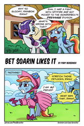 Size: 1280x1921 | Tagged: safe, artist:pony-berserker, derpibooru import, rainbow dash, rarity, pegasus, pony, unicorn, wonderbolts academy, annoyed, clothes, comic, dress, female, hat, implied spitfire, male, mare, offscreen character, offscreen male, peeved, punishment, rainbow dash always dresses in style, sad, speech bubble, tomboy taming