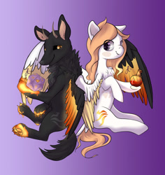 Size: 900x952 | Tagged: safe, artist:hirundoarvensis, derpibooru import, oc, oc:arvensis, oc:othorion, dog, pegasus, pony, wolf, couple, dice, female, horns, male, potion, winged dog, wings