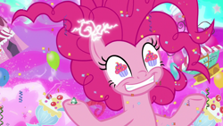 Size: 1280x720 | Tagged: safe, derpibooru import, screencap, pinkie pie, earth pony, pony, the ending of the end, bell, chaos pinkie, female, giant pony, grogar's bell, macro, mare, powered up, solo