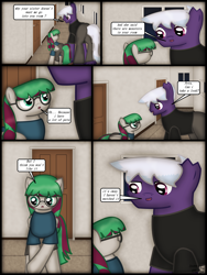 Size: 1750x2333 | Tagged: safe, artist:99999999000, derpibooru import, oc, oc only, oc:firearm king, oc:li anna, earth pony, pegasus, pony, comic:journey, clothes, comic, door, female, glasses, male, room