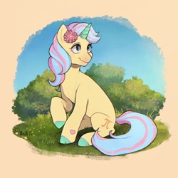 Size: 2048x2048 | Tagged: safe, artist:birdoffnorth, derpibooru import, oc, oc only, pony, unicorn, commission, female, flower, flower in hair, flower on ear, looking to side, looking to the right, mare, sitting, smiling, solo, ych result