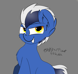 Size: 1135x1087 | Tagged: safe, artist:lunastaralight, derpibooru import, oc, oc only, earth pony, pony, ear fluff, ears, earth pony oc, fanart, gray background, grin, signature, simple background, smiling, solo, two toned mane