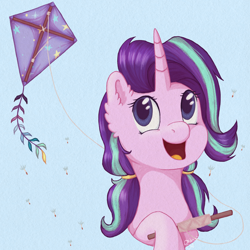 Size: 3000x3000 | Tagged: safe, artist:0okami-0ni, derpibooru import, starlight glimmer, pony, unicorn, cute, dandelion, female, glimmerbetes, high res, kite, kite flying, mare, open mouth, open smile, signature, smiling, solo, that pony sure does love kites