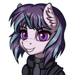 Size: 2000x2000 | Tagged: safe, artist:eltaile, derpibooru import, starlight glimmer, pony, unicorn, bust, clothes, cosplay, costume, crossover, cyberpunk, female, ghost in the shell, grin, looking at you, mare, motoko kusanagi, portrait, simple background, smiling, smiling at you, solo, transparent background