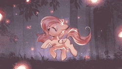 Size: 1647x927 | Tagged: safe, alternate version, artist:mirroredsea, derpibooru import, fluttershy, firefly (insect), insect, pegasus, pony, cute, eyes closed, female, filly, filly fluttershy, foal, folded wings, forest, night, open mouth, open smile, outdoors, prancing, profile, scenery, shyabetes, smiling, solo, tree, wings, younger