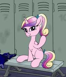 Size: 3600x4200 | Tagged: safe, artist:littlenaughtypony, derpibooru import, princess cadance, alicorn, pony, canterlot wedding 10th anniversary, animated, bench, cheerleader, cheerleader outfit, clothes, female, folded wings, locker room, looking at you, mare, one eye closed, ponytail, sitting, smiling, solo, teen princess cadance, wings, wink, winking at you