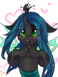 Size: 1200x1600 | Tagged: safe, artist:falafeljake, derpibooru import, queen chrysalis, changeling, changeling queen, canterlot wedding 10th anniversary, blushing, crown, cute, cutealis, ears, fangs, female, floppy ears, heart, hooves together, insect wings, jewelry, mare, regalia, shy, simple background, solo, spread wings, white background, wings
