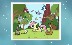 Size: 1920x1200 | Tagged: safe, derpibooru import, screencap, angel bunny, fluttershy, bird, butterfly, duck, mouse, otter, pegasus, pony, season 1, the cutie mark chronicles, cute, female, filly, filly fluttershy, foal, folded wings, forest, friendship, game screencap, my little pony color my world, shyabetes, sitting, tree, wings, younger