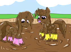 Size: 2200x1600 | Tagged: safe, artist:amateur-draw, derpibooru import, twilight sparkle, twilight sparkle (alicorn), oc, oc:belle boue, alicorn, pony, unicorn, boots, covered in mud, female, male, mare, mud, mud bath, mud play, mud pony, muddy, rain boots, request, requested art, shoes, simple background, stallion, wellies, wet and messy