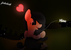 Size: 3786x2688 | Tagged: safe, artist:fededash, derpibooru import, oc, oc only, oc:pandauwu, cat, pegasus, pony, :3, happy, heart, hug, light, night, pegasus oc, sitting, text, tree