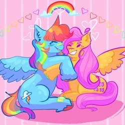 Size: 1080x1080 | Tagged: safe, artist:sartoonis, derpibooru import, fluttershy, rainbow dash, pegasus, pony, cute, dashabetes, eyes closed, female, flutterdash, heart, hug, lesbian, rainbow, shipping, shyabetes, smiling, wings