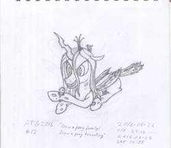 Size: 1763x1523 | Tagged: safe, artist:pink amena, derpibooru import, queen chrysalis, changeling, changeling larva, changeling queen, canterlot wedding 10th anniversary, atg 2016, female, mommy chrissy, monochrome, newbie artist training grounds, pencil drawing, traditional art