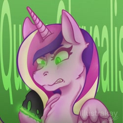 Size: 1080x1080 | Tagged: safe, artist:illustra_kay, derpibooru import, princess cadance, queen chrysalis, canterlot wedding 10th anniversary, disguise, disguised changeling, fake cadance, glowing, glowing eyes, gritted teeth, solo, teeth, transformation