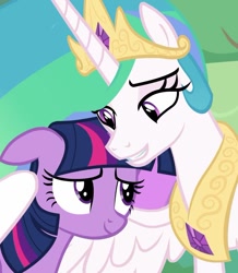 Size: 725x833 | Tagged: safe, derpibooru import, screencap, princess celestia, twilight sparkle, twilight sparkle (alicorn), alicorn, pony, the ending of the end, cropped, cute, cutelestia, duo, female, hug, mare, momlestia, smiling, twiabetes, winghug, wings