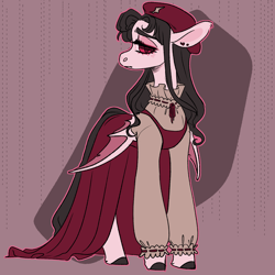 Size: 3600x3600 | Tagged: safe, artist:violettacamak, oc, oc only, oc:arawn, bat pony, pony, abstract background, beret, clothes, dress, ear piercing, earring, fangs, female, hat, jewelry, looking at you, looking sideways, mare, piercing, pink coat, profile, red eyes, wings