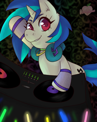 Size: 1280x1600 | Tagged: safe, artist:peachykawa, dj pon-3, vinyl scratch, pony, djpon3, music notes, rave