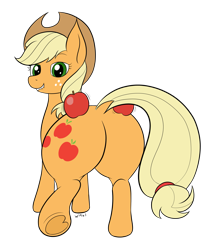 Size: 2403x2757 | Tagged: safe, artist:wapamario63, applejack, earth pony, apple, applebutt, applejack's hat, balancing, butt, clothes, dock, featureless crotch, female, flat colors, hat, lip bite, looking back, mare, plot, rear view, simple background, solo, thighs, transparent background, underhoof