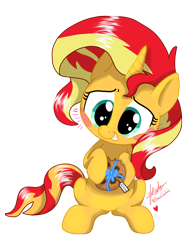 Size: 2844x3794 | Tagged: safe, artist:praisecastiel, derpibooru import, sunset shimmer, pony, unicorn, blushing, bow, cookie, cute, female, filly, filly sunset shimmer, foal, food, heart, label, ribbon, shimmerbetes, signature, simple background, solo, transparent background, vector, younger