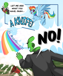 Size: 3500x4250 | Tagged: safe, artist:taytinabelle, artist:top plush, derpibooru import, rainbow dash, oc, oc:anon, human, pegasus, pony, butt, butt hold, chest fluff, cup, cute, dialogue, ear fluff, ears, female, flying, knife, looking at you, male, mare, meme, onomatopoeia, open mouth, plot, ponified, ponified meme, question mark, rainbow trail, silly, smiling, sound effects, spilled drink, spread wings, wings