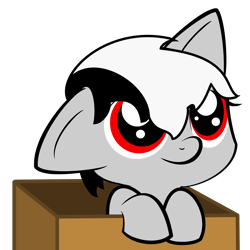 Size: 2000x2000 | Tagged: safe, artist:djspacer, derpibooru import, oc, oc only, oc:kyo, big ears, black and white mane, box, cute, ears, eyelashes, female, filly, foal, gray coat, hooves, looking up, red eyes, simple background, solo, transparent background, vector