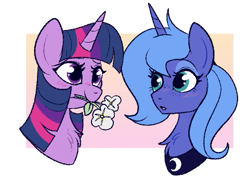 Size: 527x390 | Tagged: safe, artist:lulubell, derpibooru import, princess luna, twilight sparkle, alicorn, pony, blushing, cute, female, flower, lesbian, lunabetes, mare, mouth hold, s1 luna, shipping, twiabetes, twiluna