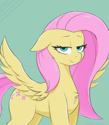 Size: 3500x4039 | Tagged: safe, artist:endo, derpibooru import, fluttershy, pegasus, pony, chest fluff, ears, female, floppy ears, looking at you, simple background, smiling, smug, solo, wings